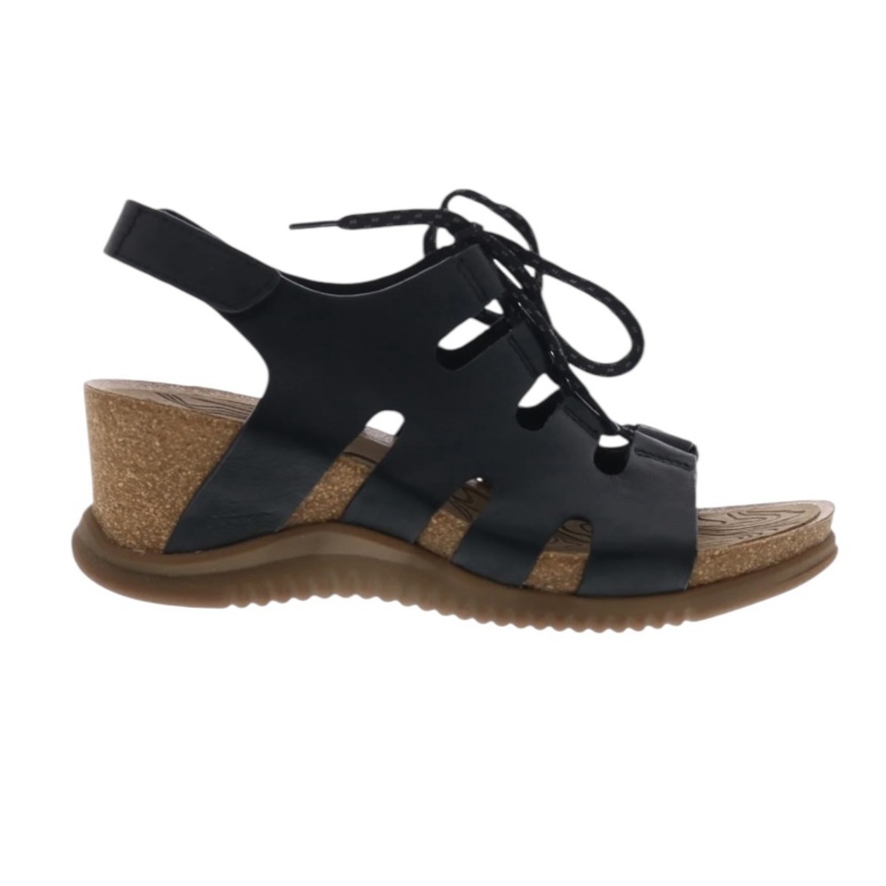 BIONICA ‘Sorena’ Black Leather Strap Wedges Sandals